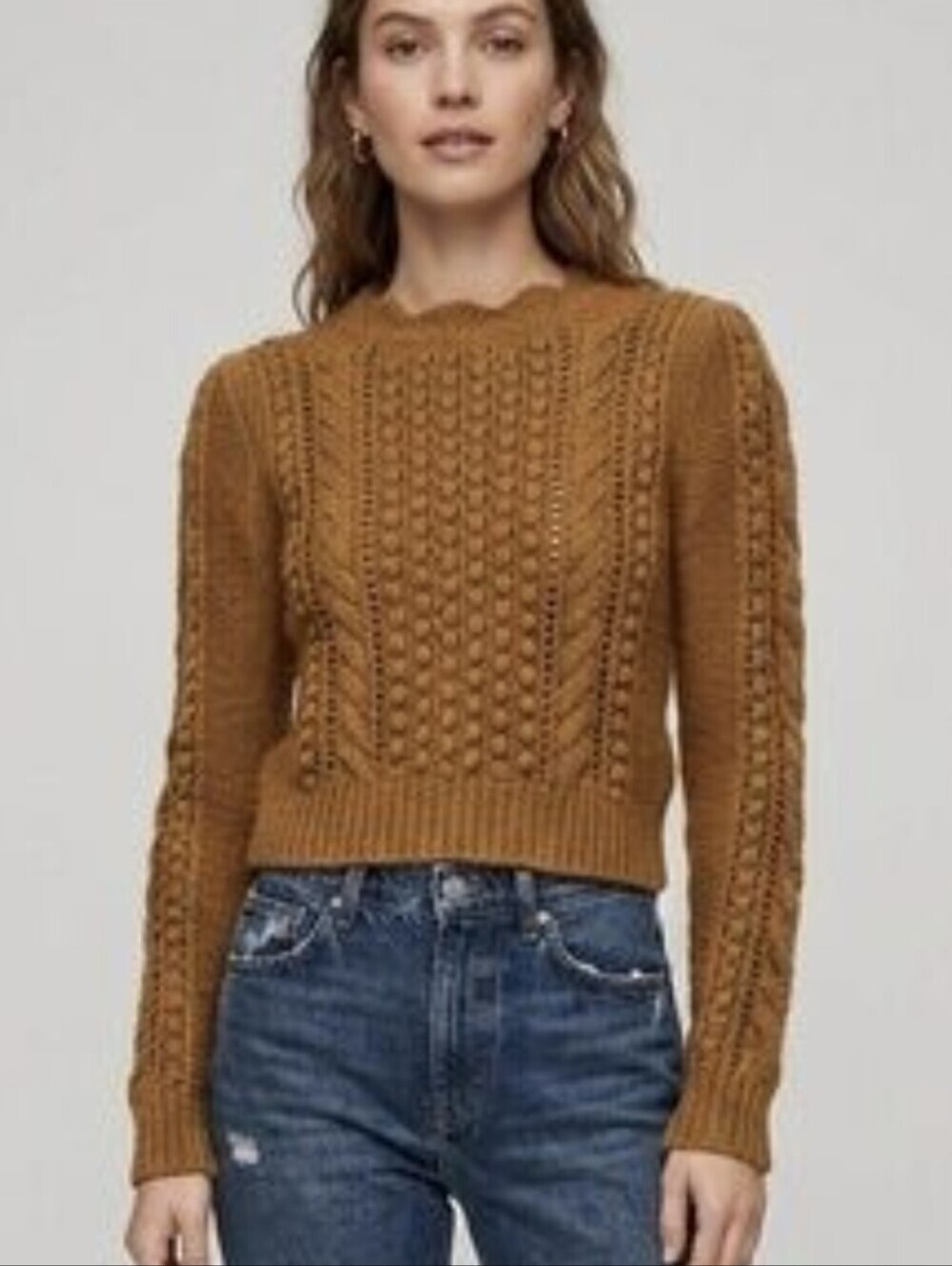 Aritzia Wilfed Alpcha Mohair Blend Cable Knit Scalloped Neck Sweater Size XS